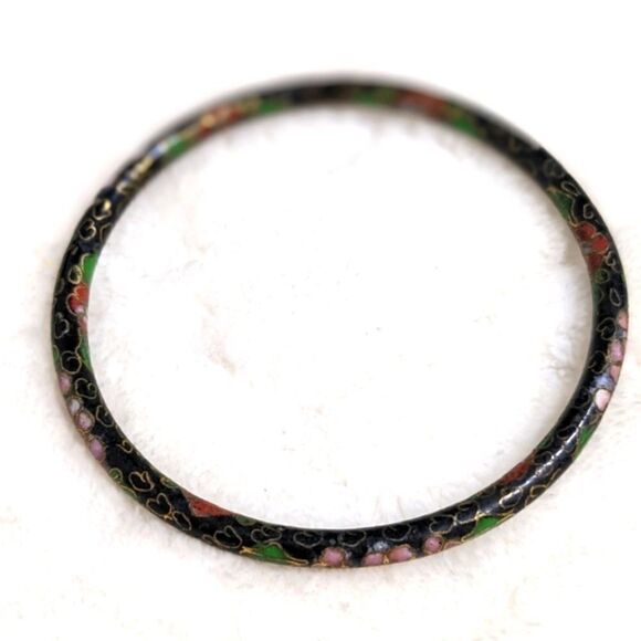 Vintage 1970's Black & Pink Chinese Cloisonne Enamel Floral Bangle Bracelet - Picture 9 of 13